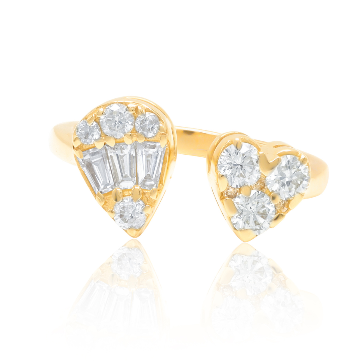 14K gold Toi et Moi diamond ring, pavé heart and droplet design, 0.76ct round and baguette diamonds
