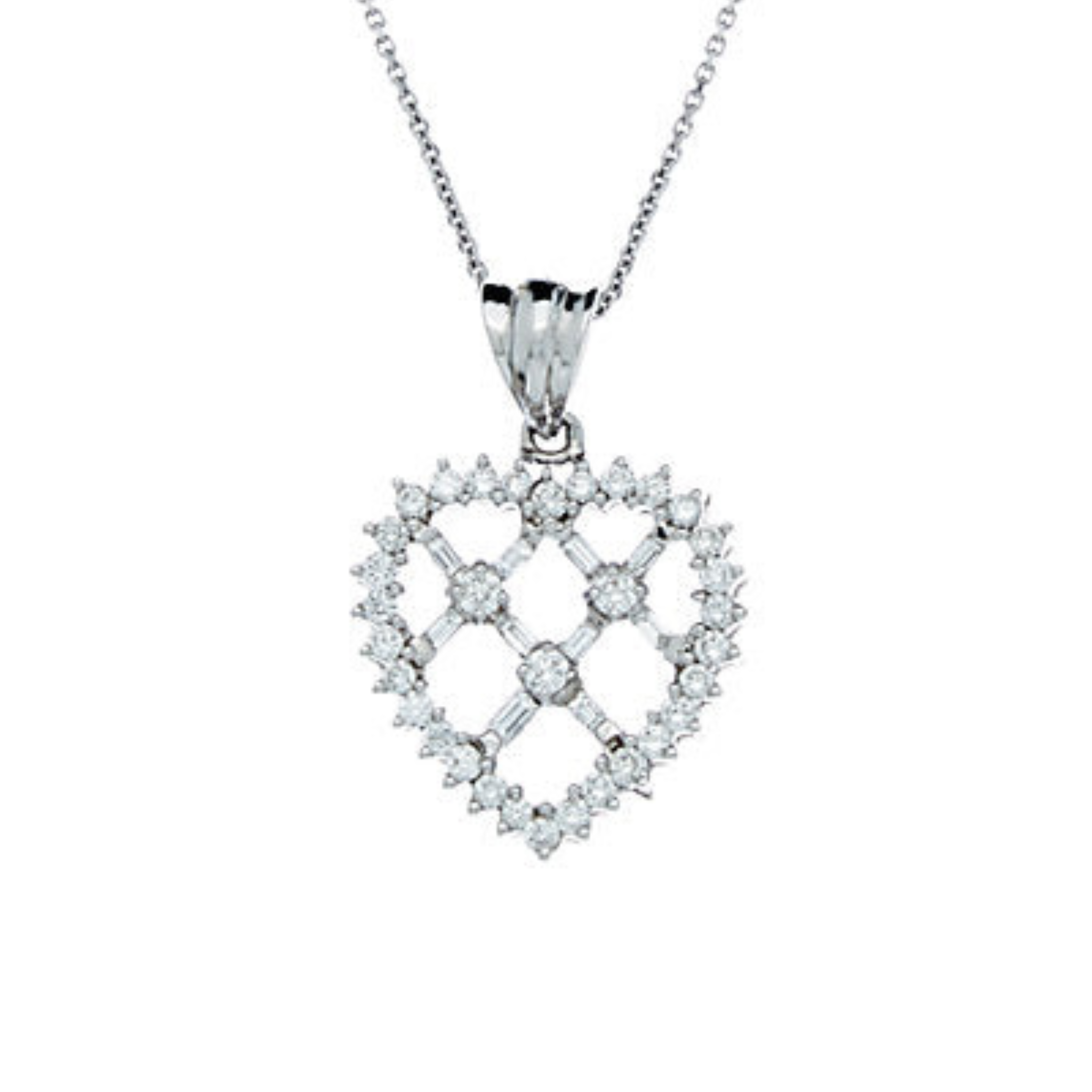 14K white gold criss cross heart pendant with round and baguette diamonds, 1.50ct