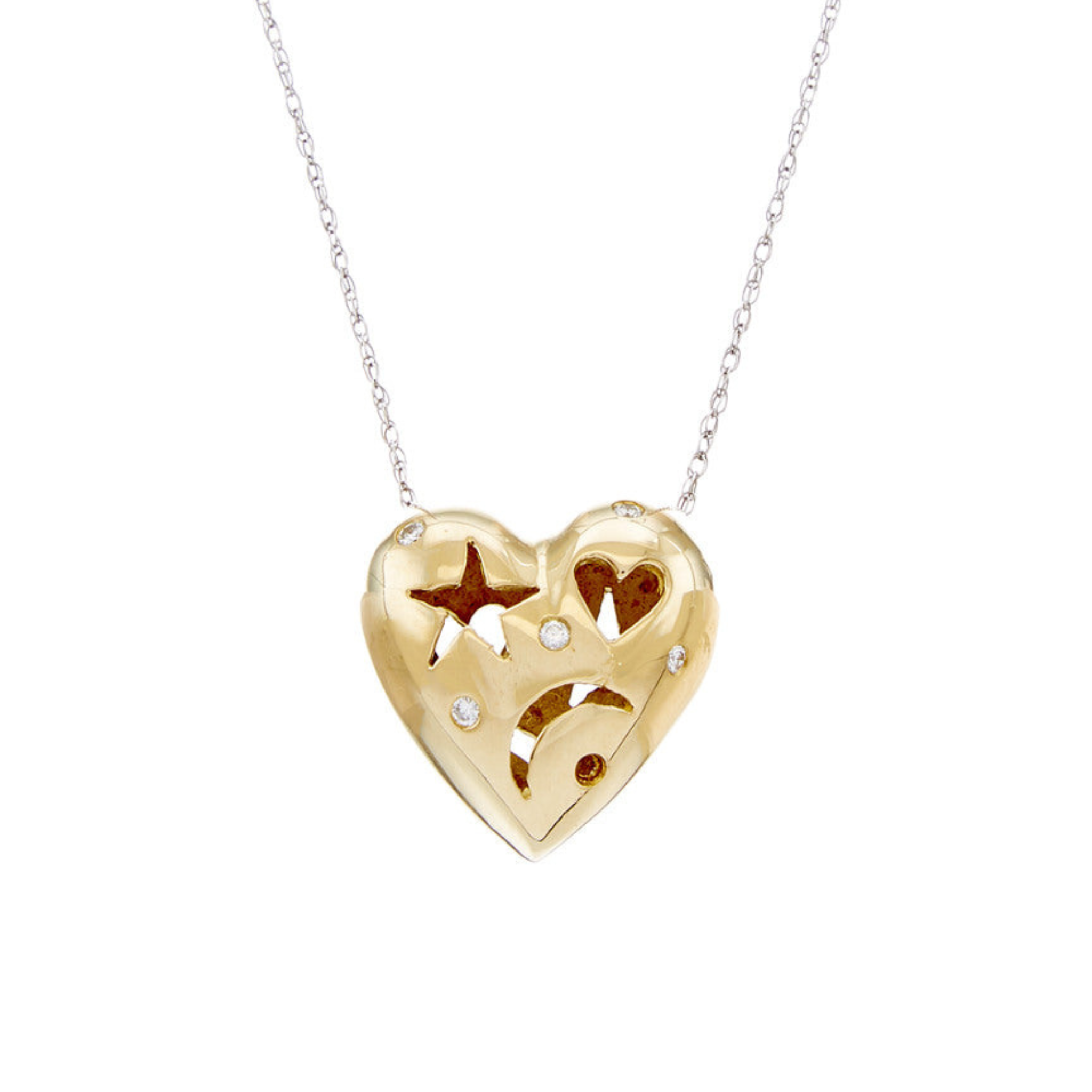 14K yellow gold heart pendant with star, moon, and heart motifs, 0.05ct diamonds, 16-inch chain