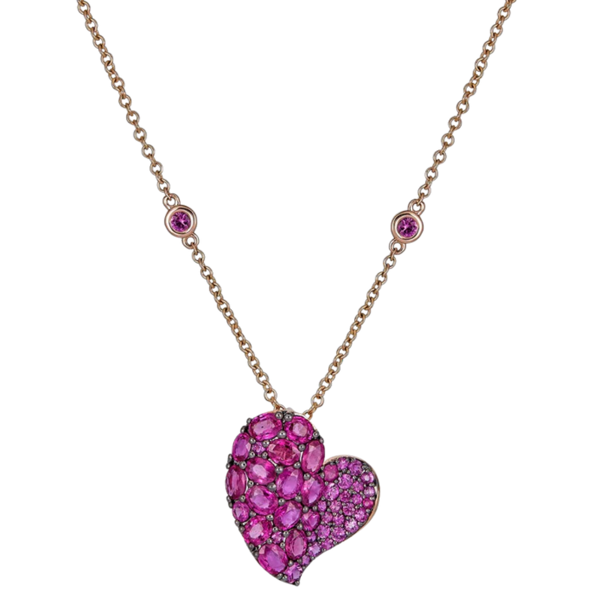 18K rose and black gold deep pink sapphire wave heart necklace, 4.90ct sapphires, 18-inch diamonds-by-the-yard chain