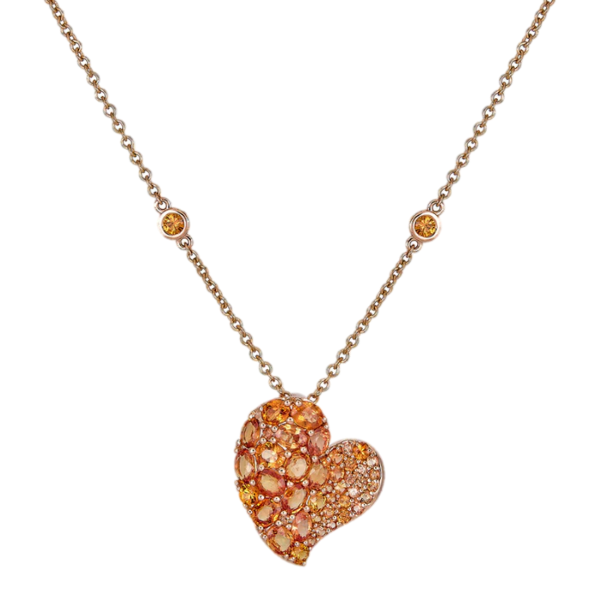 18K rose gold orange sapphire wave heart necklace, 4.70ct sapphires, 18-inch diamonds-by-the-yard chain