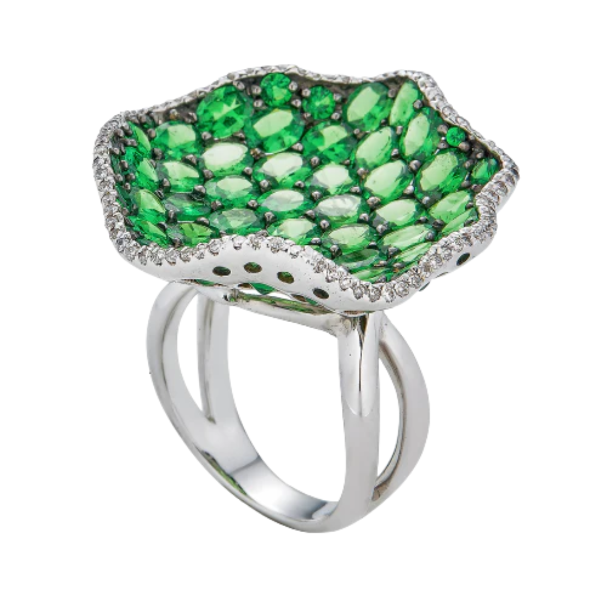 18K white and black gold mosaique wave ring with green tsavorite garnet and diamonds