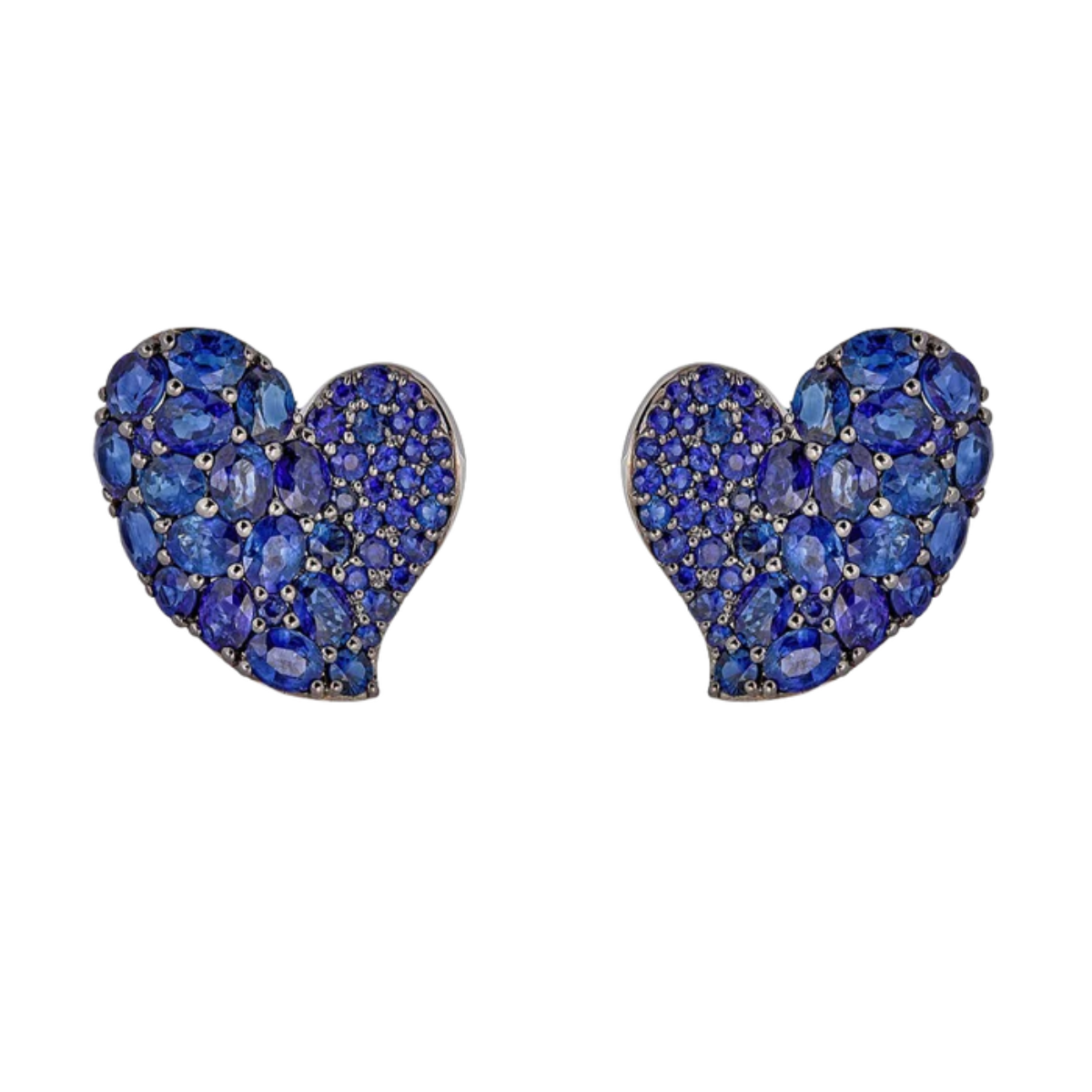 18K white and black gold sapphire wave heart earrings, 7.70ct blue sapphires