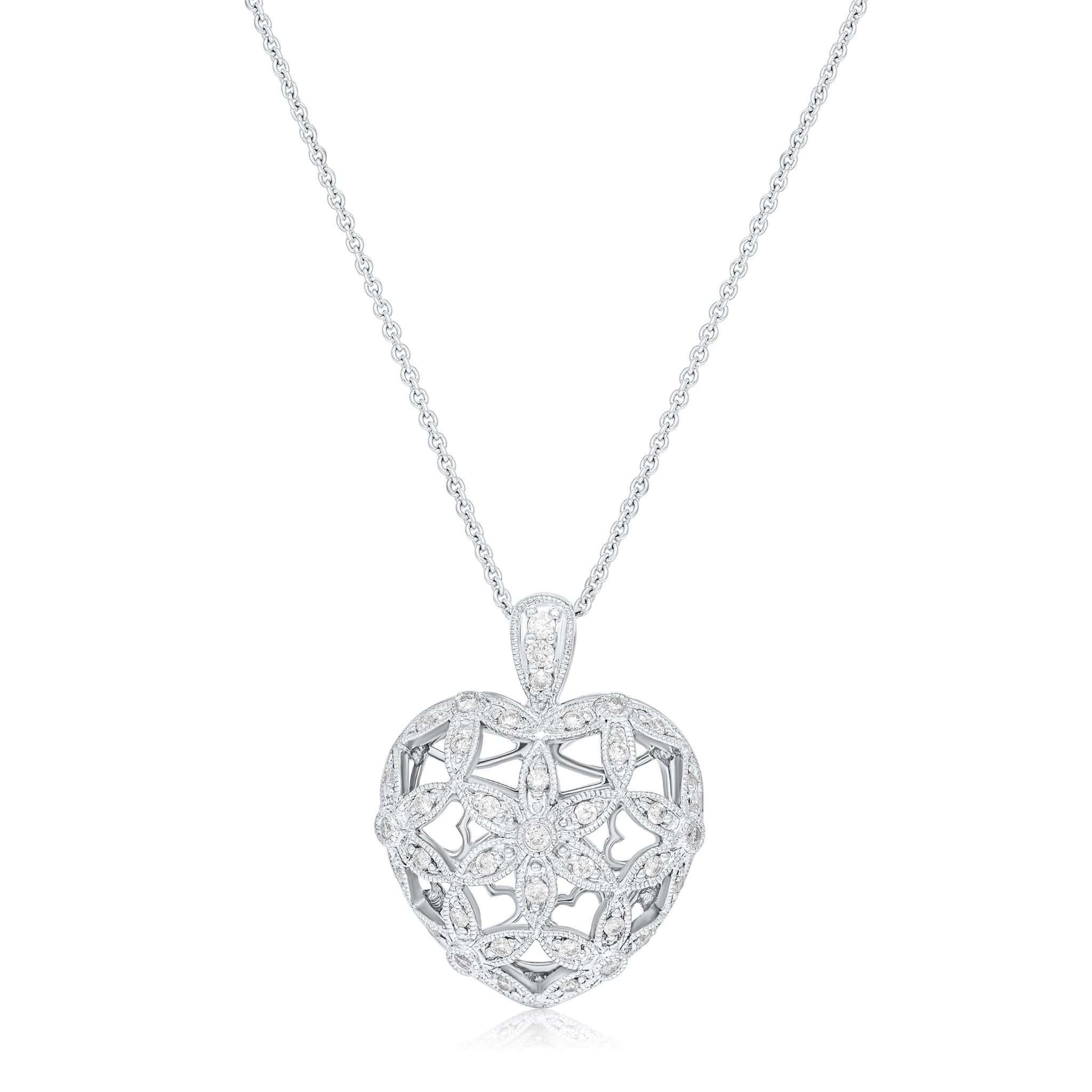 18K white gold antique diamond heart pendant, 1.20ct vintage necklace