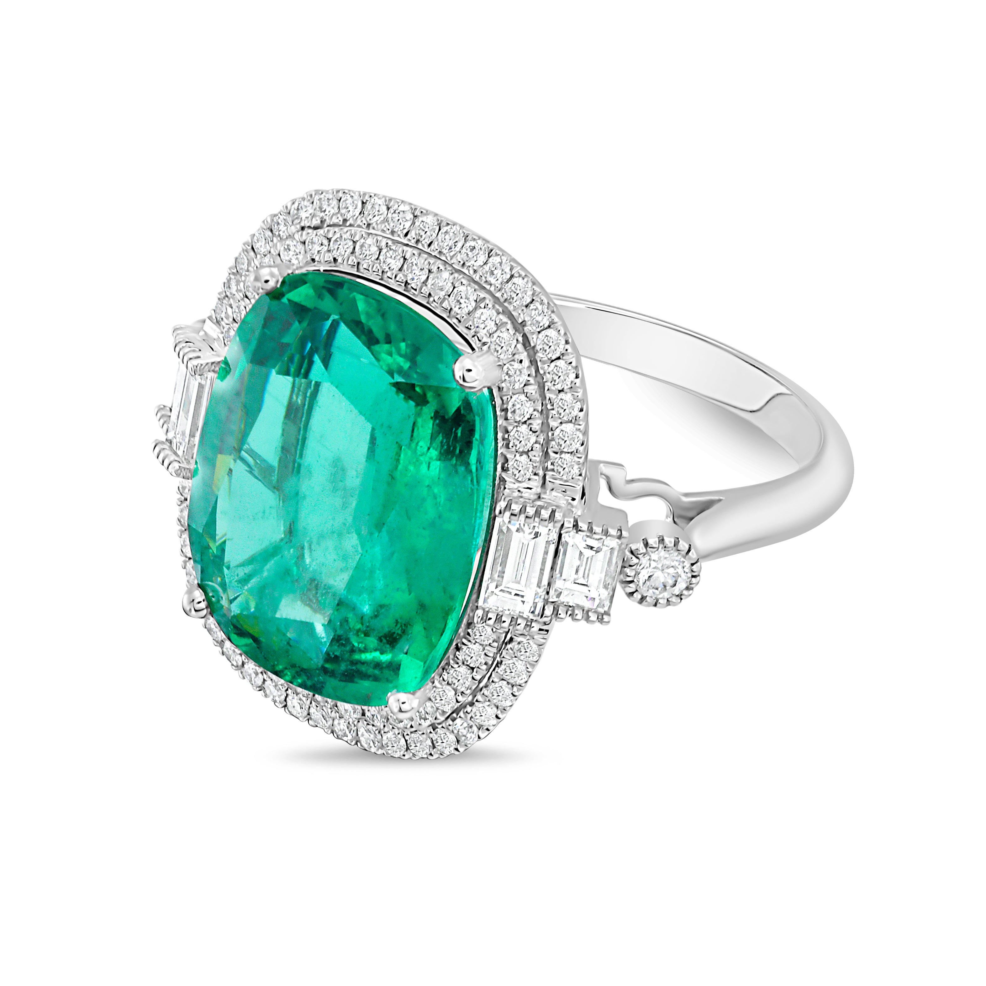 18K white gold cushion-cut emerald double halo ring with micropavé diamonds