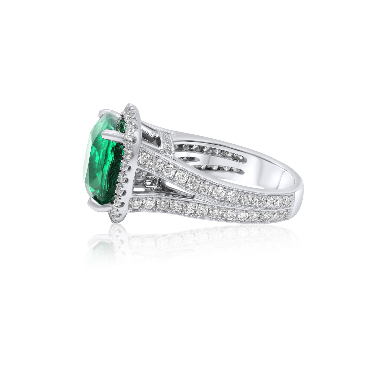 18K white gold cushion-cut emerald halo ring with 6.63ct natural green emerald and micropavé diamonds