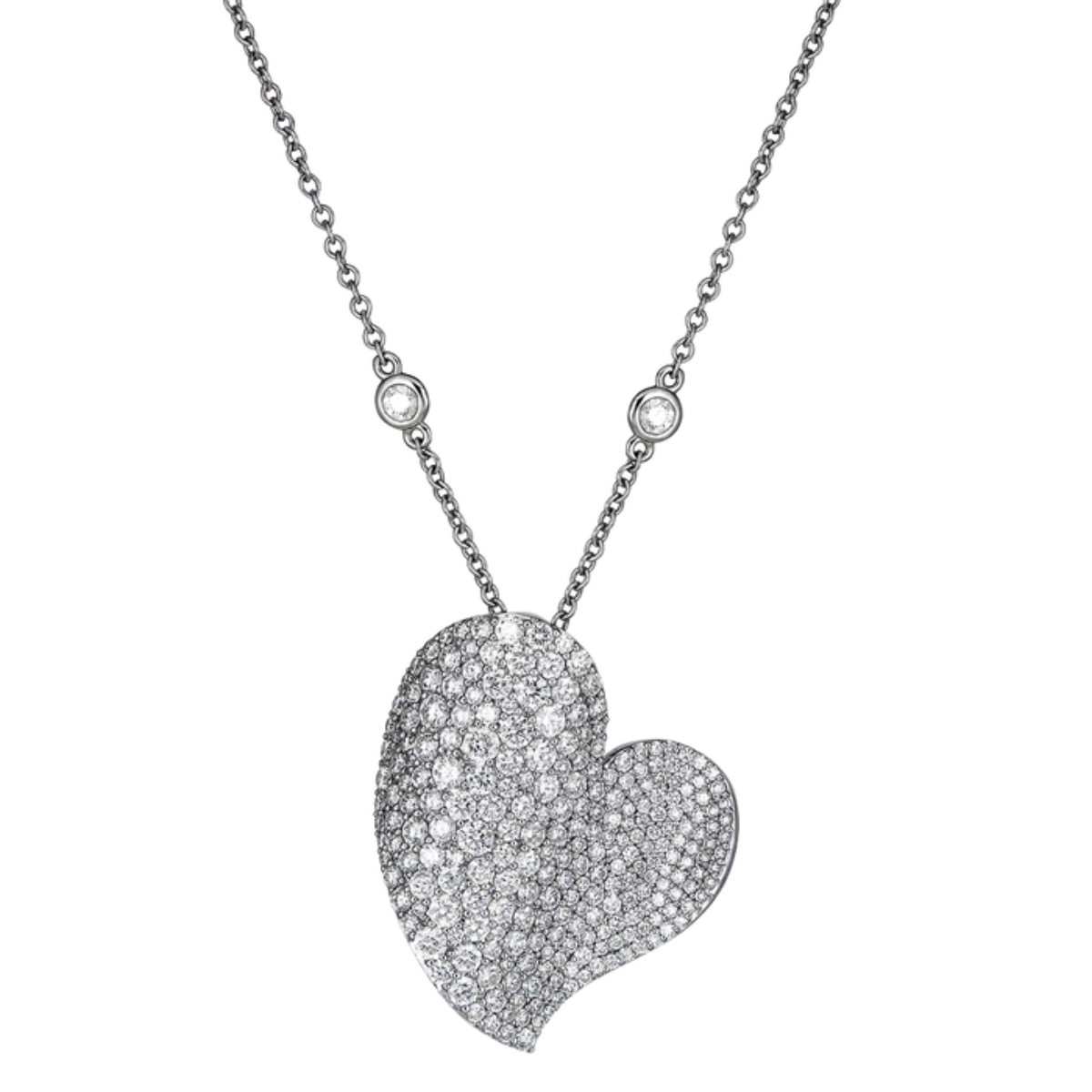 18K white gold diamond wave heart necklace, 4.00ct, 20-inch by-the-yard chain