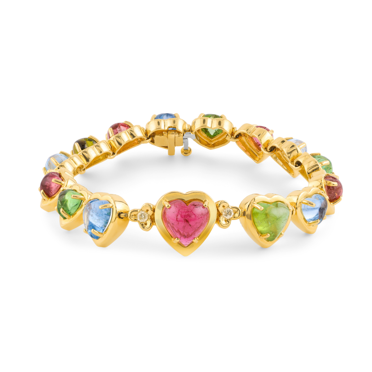 18K yellow gold heart cabochon gemstone bracelet, 24ct multicolor stones