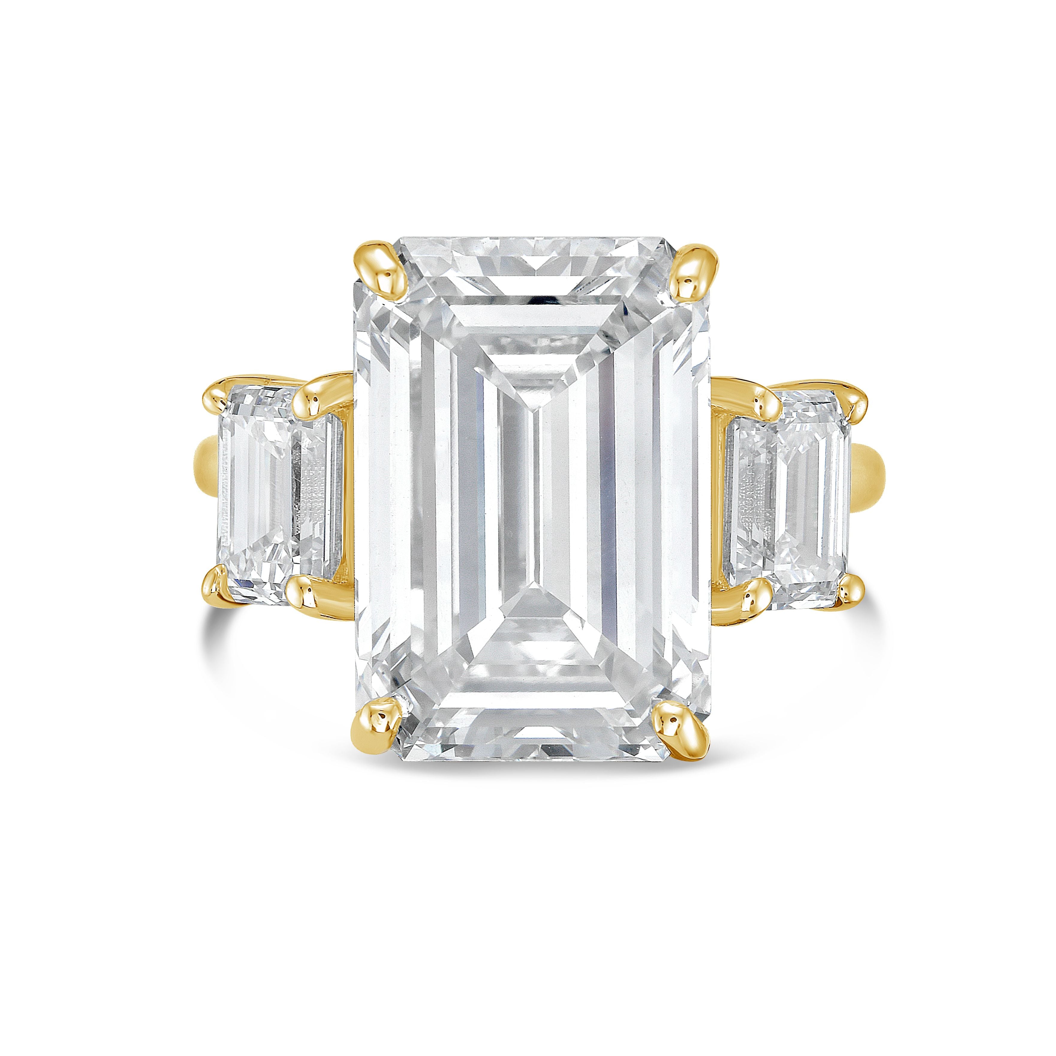 18K yellow gold three stone emerald cut diamond ring with lab grown stones