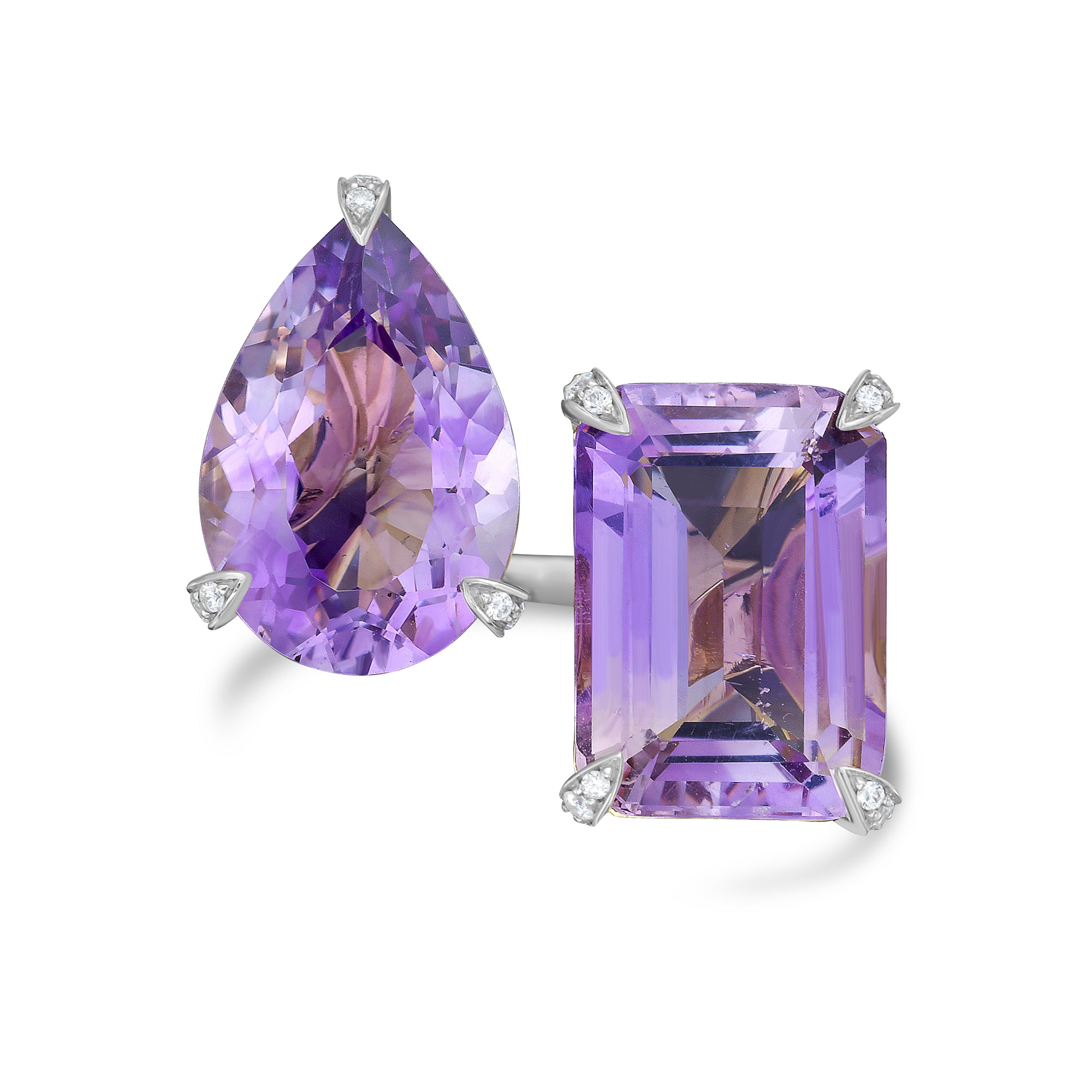 18kt Gold Amethyst Two-Stone Ring with Round Diamonds