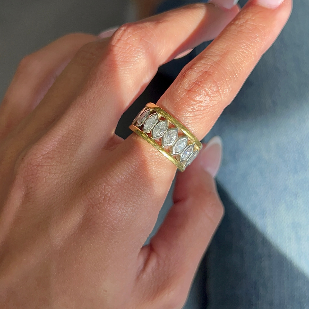 18kt Two-Tone Art Deco Marquise Diamond Bezel Band