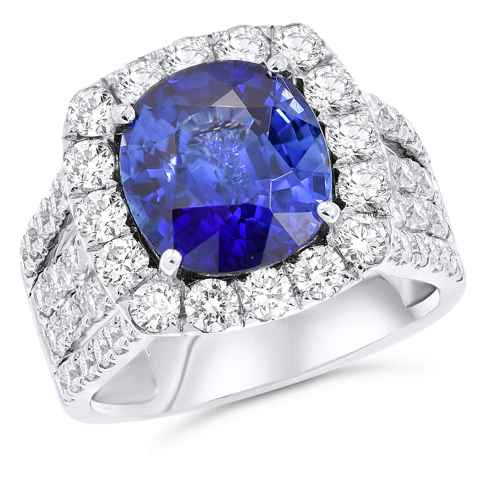 18kt White Gold Blue Sapphire & Cushion Cut Diamonds Ring