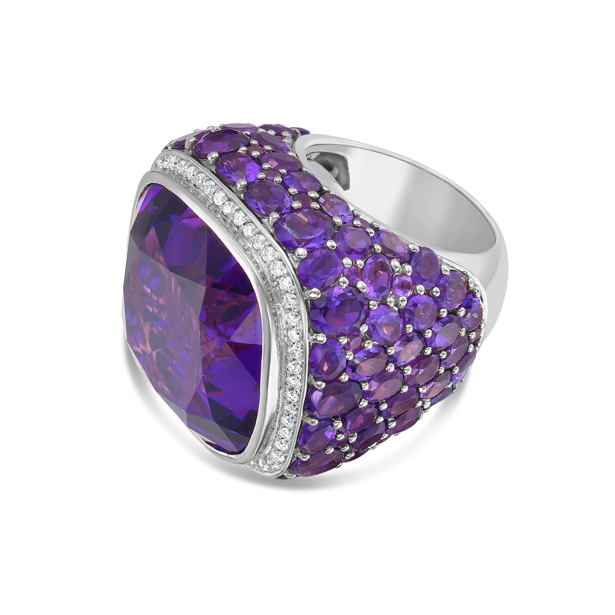 18kt gold cocktail ring with 50.54ct cushion, oval, and round amethyst
