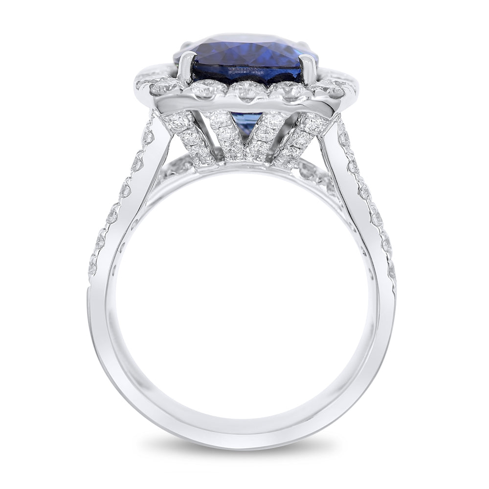 18kt white gold Sri Lanka natural cushion-cut sapphire ring with 2.56ct diamond halo