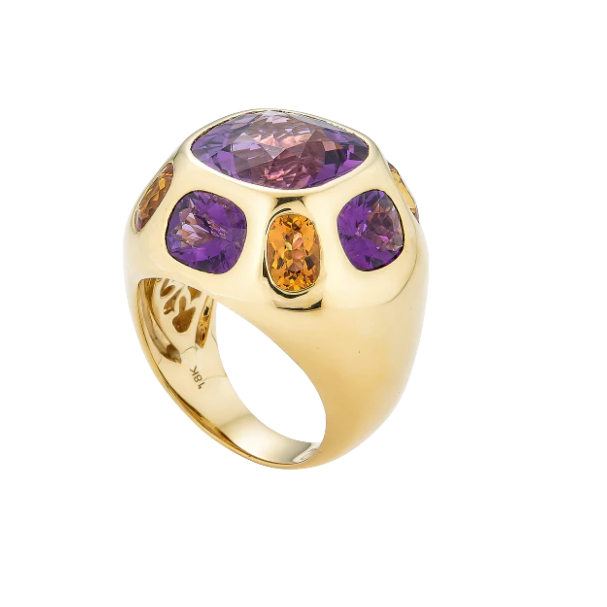 18kt yellow gold cocktail ring with cushion amethyst and citrine