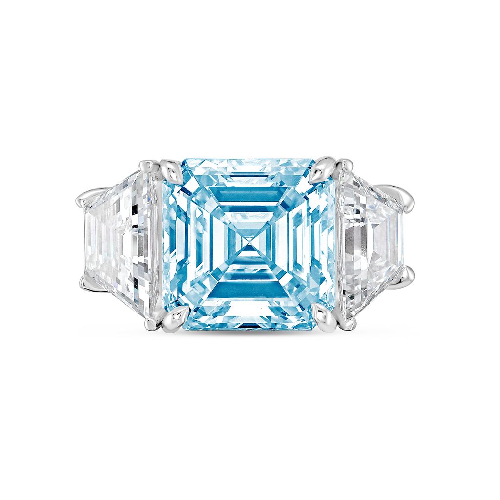 Lab-Grown Blue Asscher Diamond Ring with Trapezoids, 14K Gold