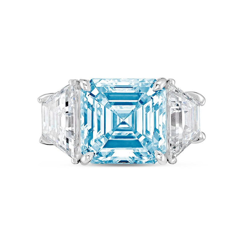 Lab-Grown Blue Asscher Diamond Ring with Trapezoids, 14K Gold
