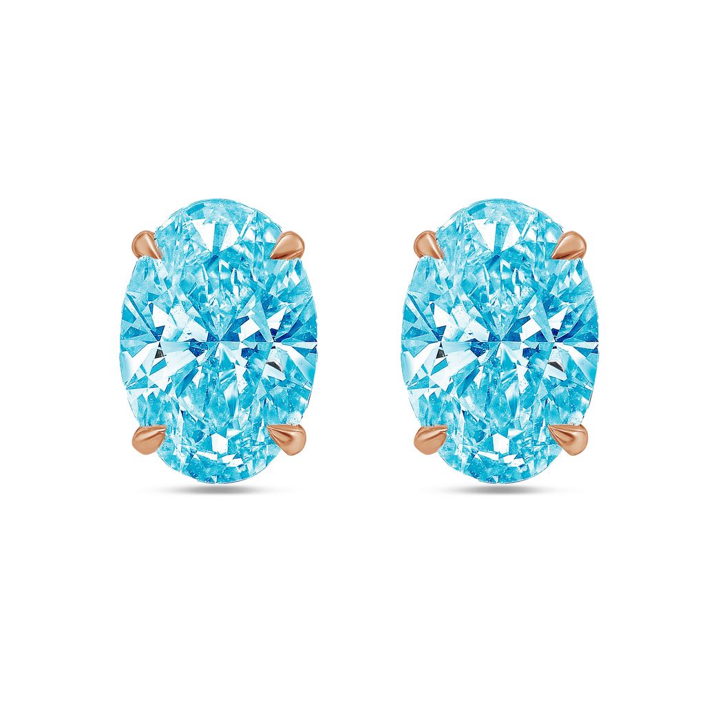 Lab-Grown Blue Oval Diamond Stud Earrings, 4-Prong, 14K Gold
