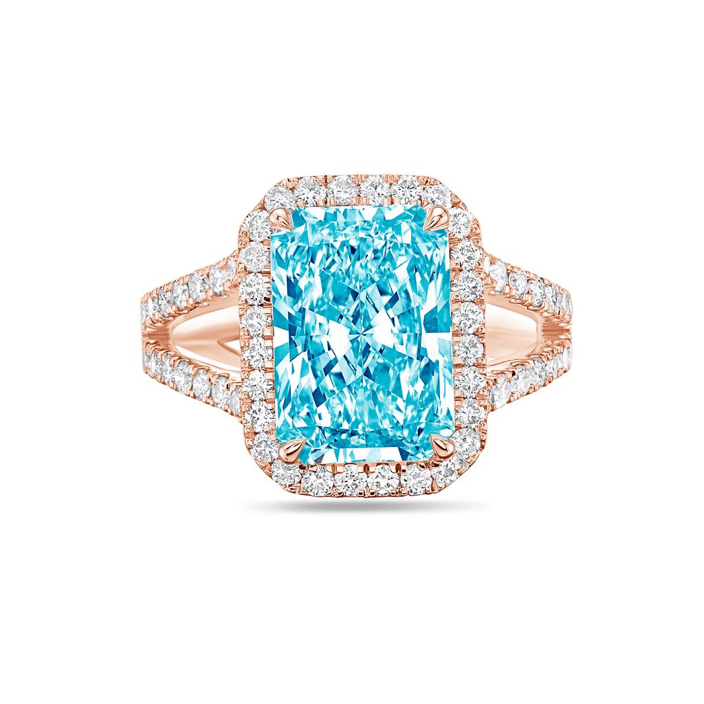 Lab-Grown Blue Radiant Halo Diamond Engagement Ring, 14K Gold