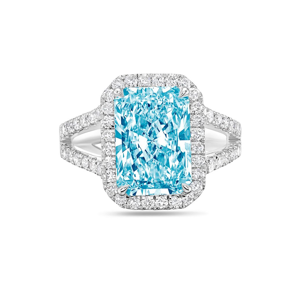 Lab-Grown Blue Radiant Halo Diamond Engagement Ring, 14K Gold