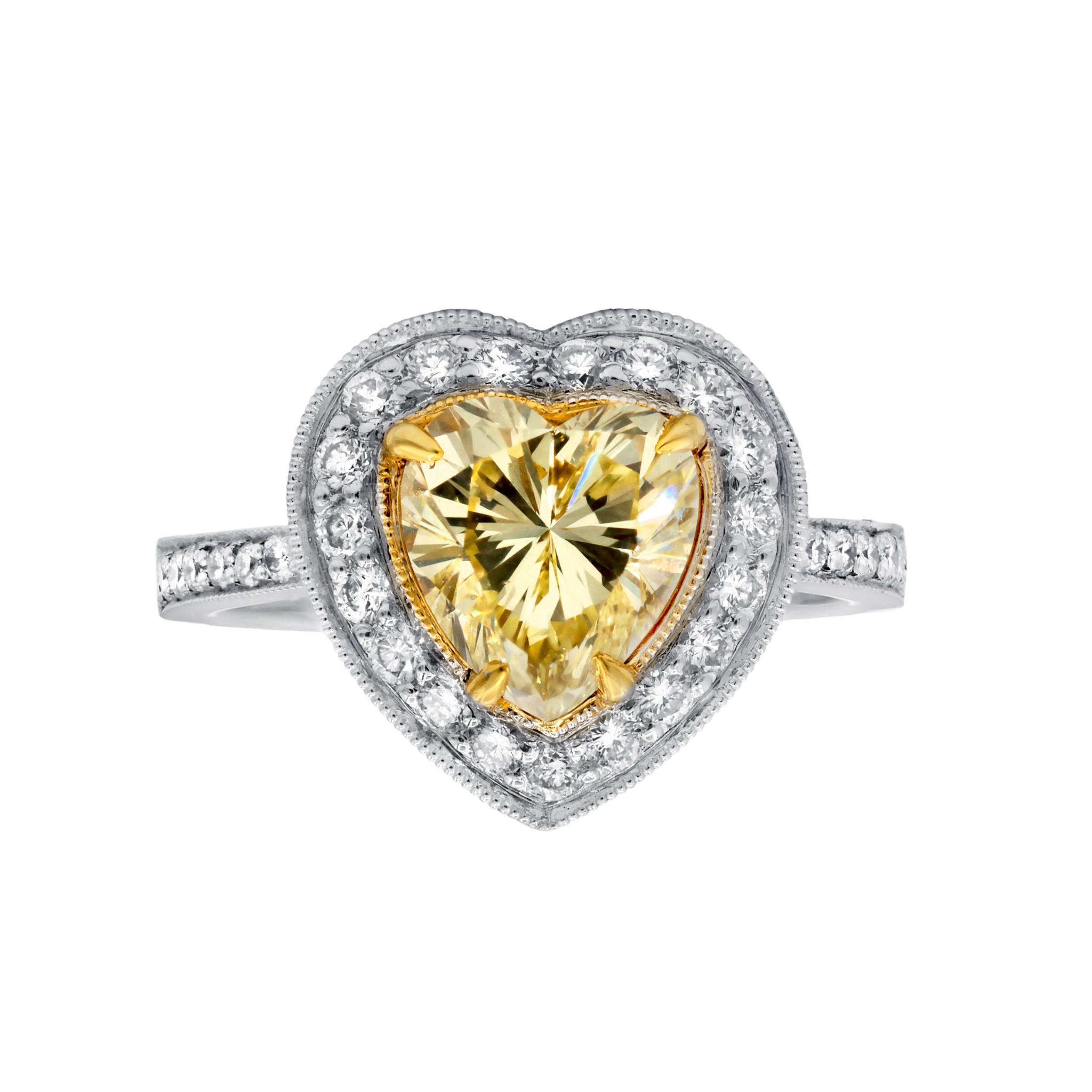 2.00ct heart halo yellow diamond ring in 18K white gold