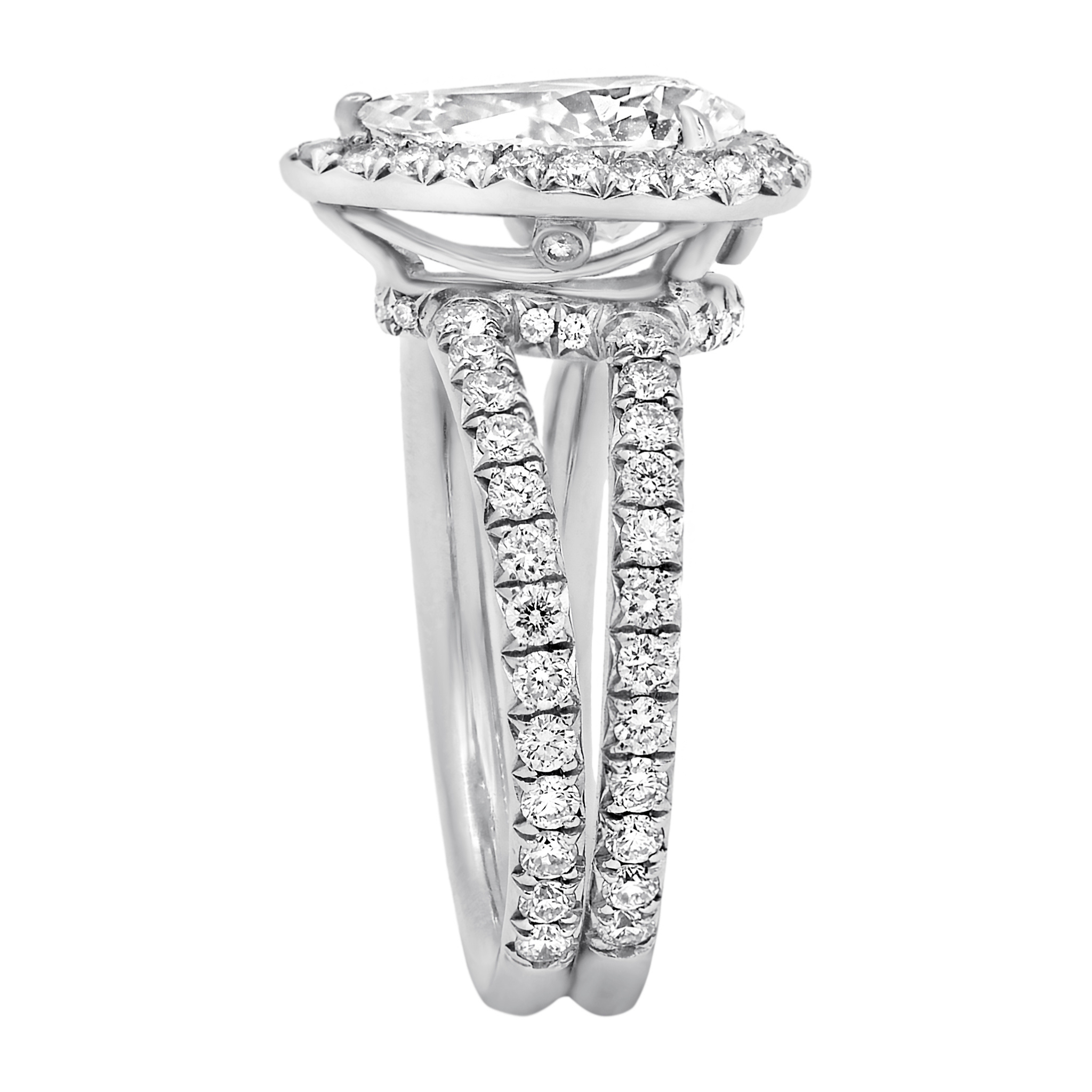 2.01ct pear-shaped diamond ring with halo and split shank in platinum