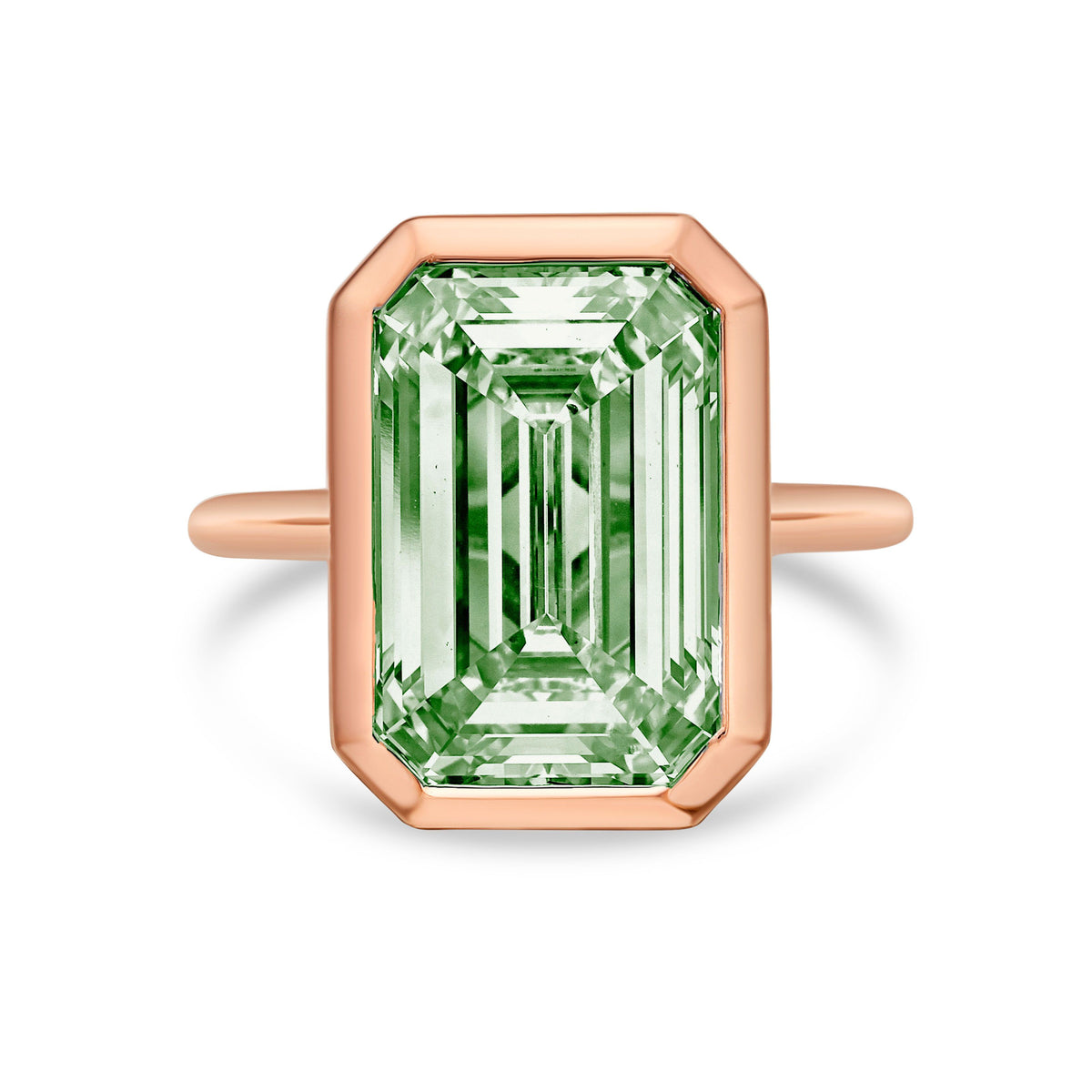 Lab-Grown Green Emerald Cut Diamond Bezel Solitaire Ring, 14k Gold