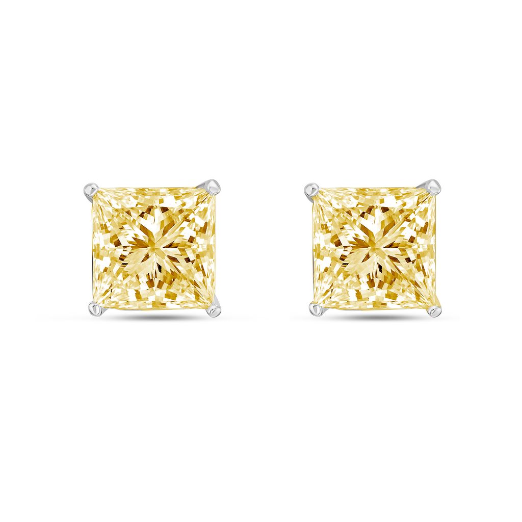 Lab-Grown Yellow Princess Cut Diamond Stud Earrings, 4-Prong, 14K Gold