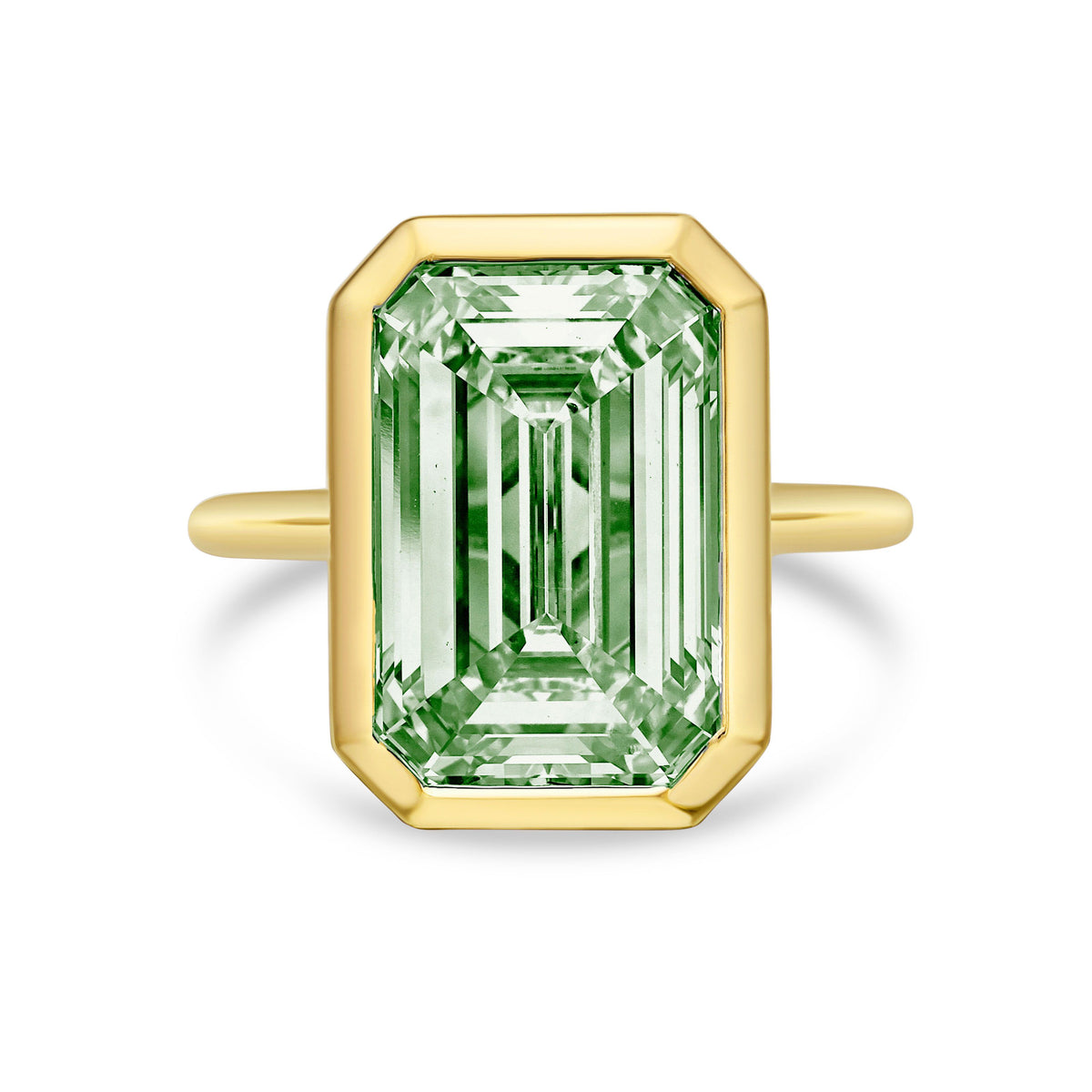 Lab-Grown Green Emerald Cut Diamond Bezel Solitaire Ring, 14k Gold