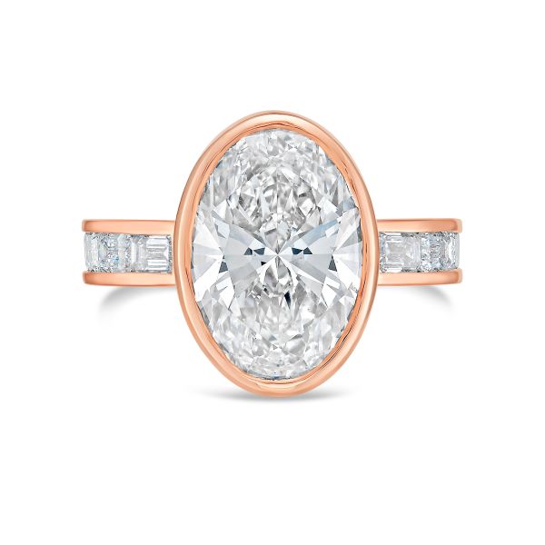 Lab Grown Bezel Oval Diamond Ring with Emerald Accents