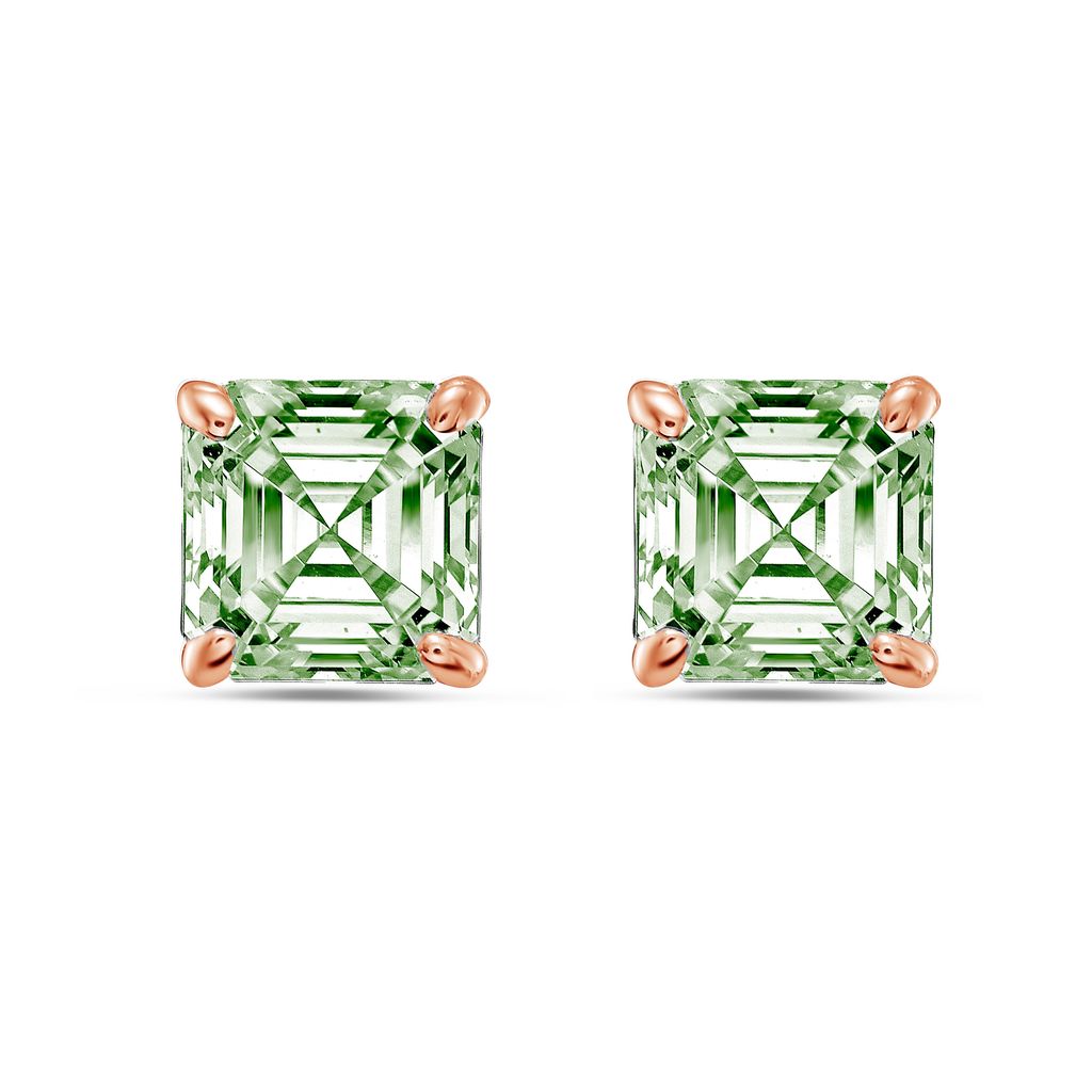 Lab-Grown Green Asscher Diamond Stud Earrings, 4-Prong, 14K Gold