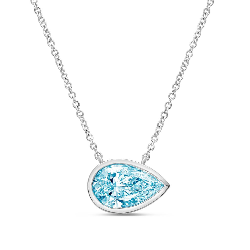Lab-Grown Blue East-West Pear Diamond Bezel Pendant, 14K Gold