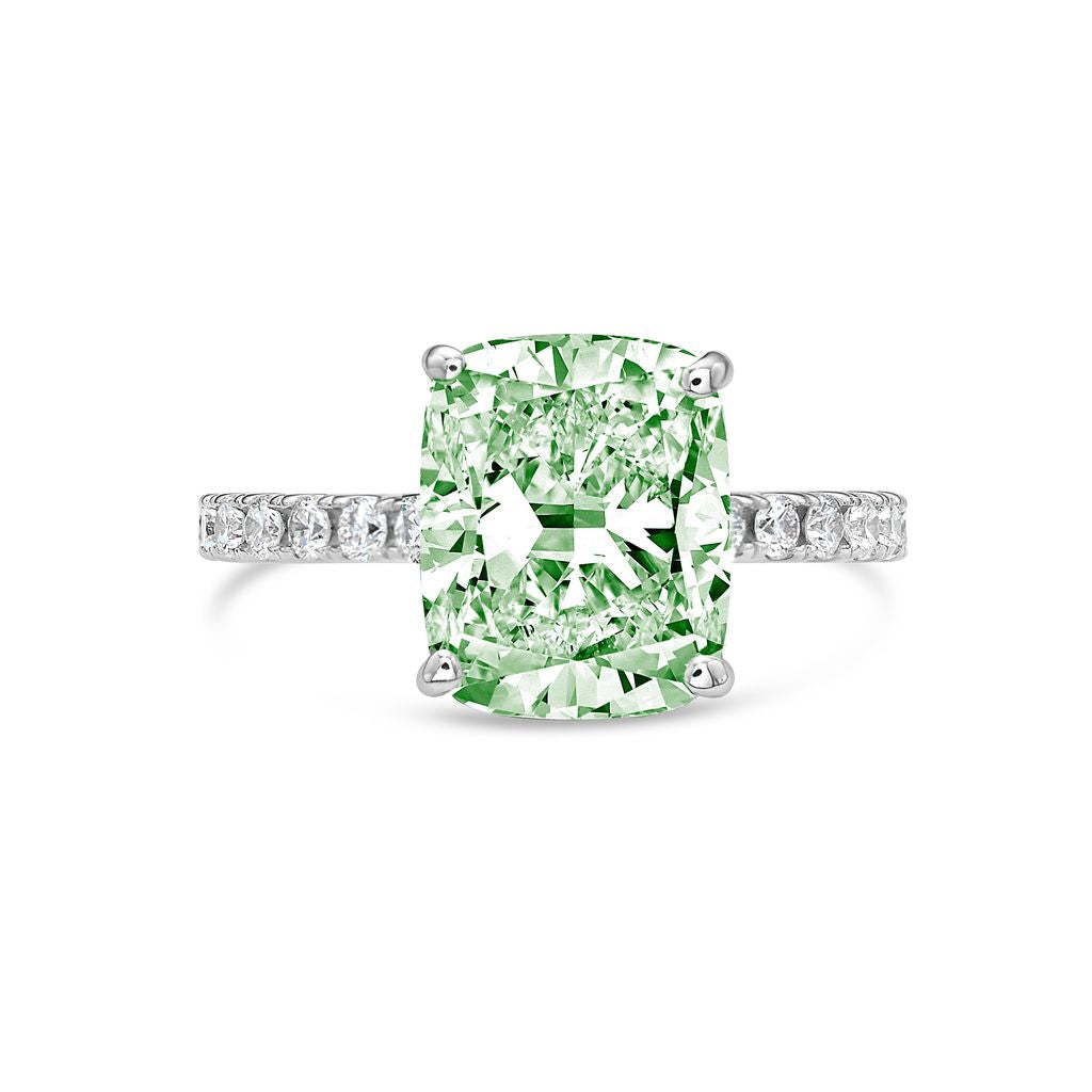 Lab-Grown Cushion Cut Green Diamond Pavé Engagement Ring, 14K Gold