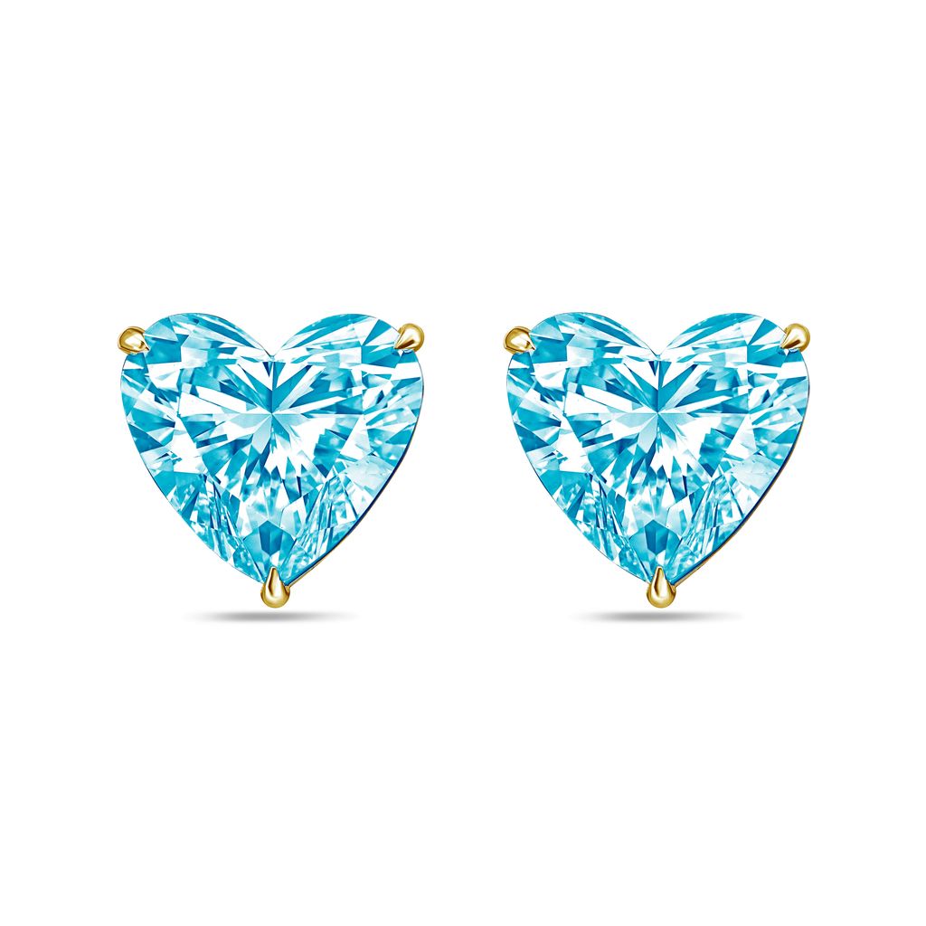 Lab-Grown Blue Heart Diamond Stud Earrings, 4-Prong, 14K Gold