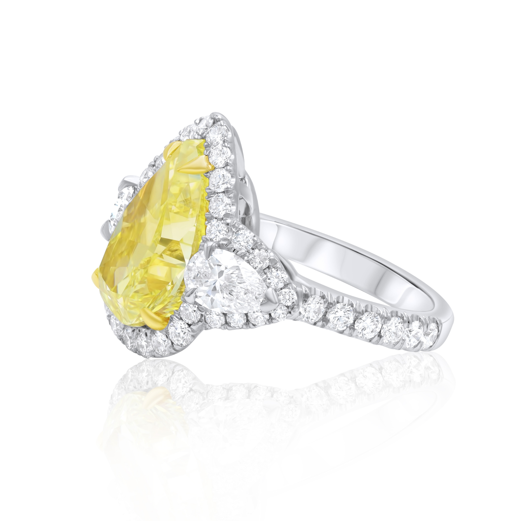 4.18ct fancy yellow pear diamond with side round diamonds ring