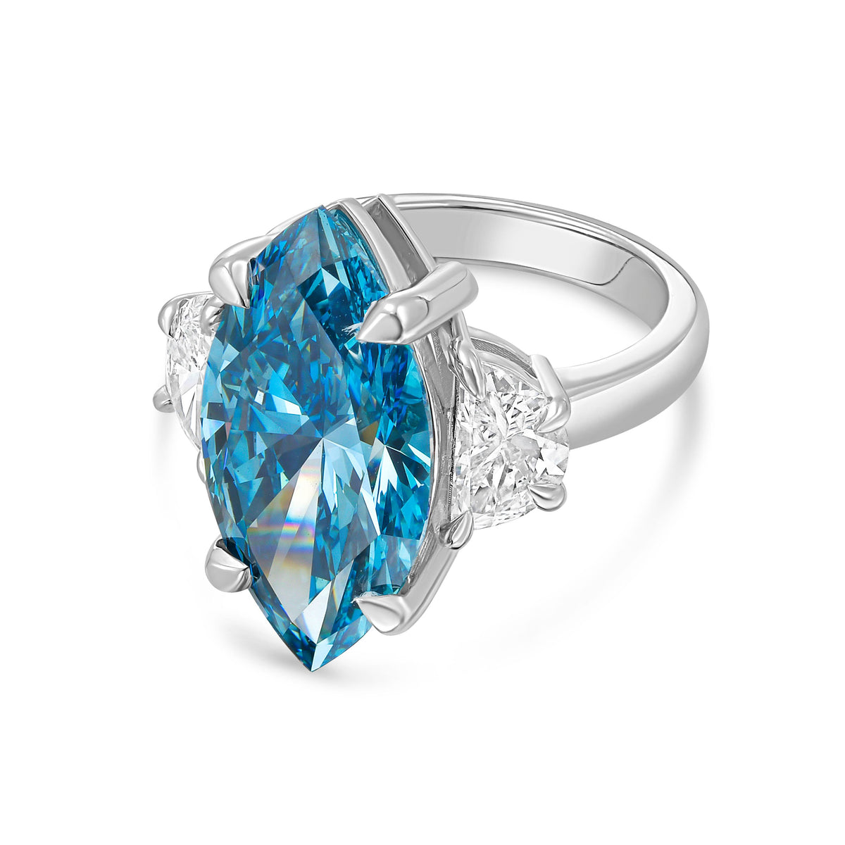 Lab Grown Blue Marquise Cut Diamond with Two Half Moons on Sides Engagement Ring, 14K Gold