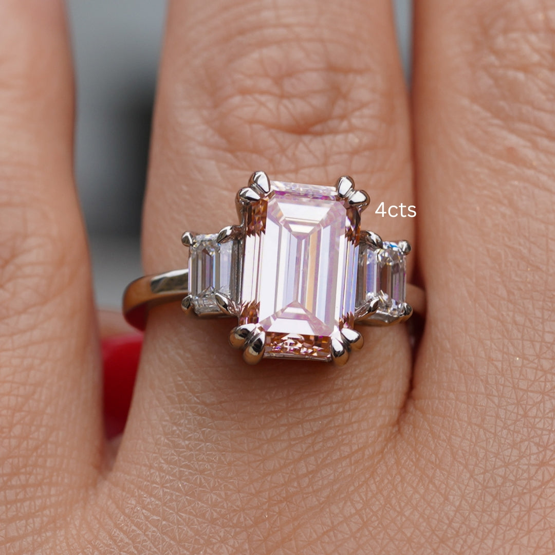Lab-Grown Pink Emerald Cut Three Stone Ring