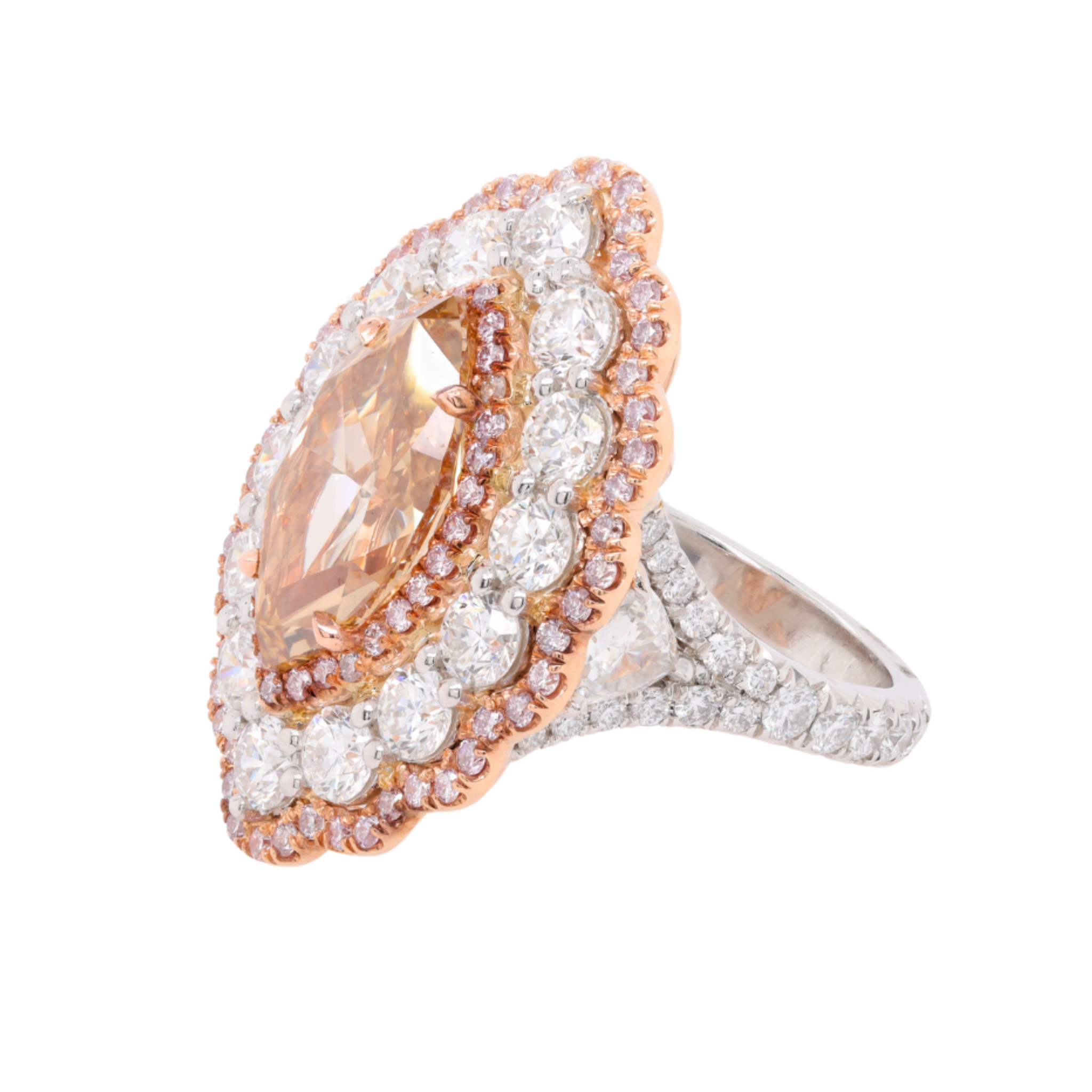 5.03ct fancy brown marquise diamond engagement ring in platinum and rose gold