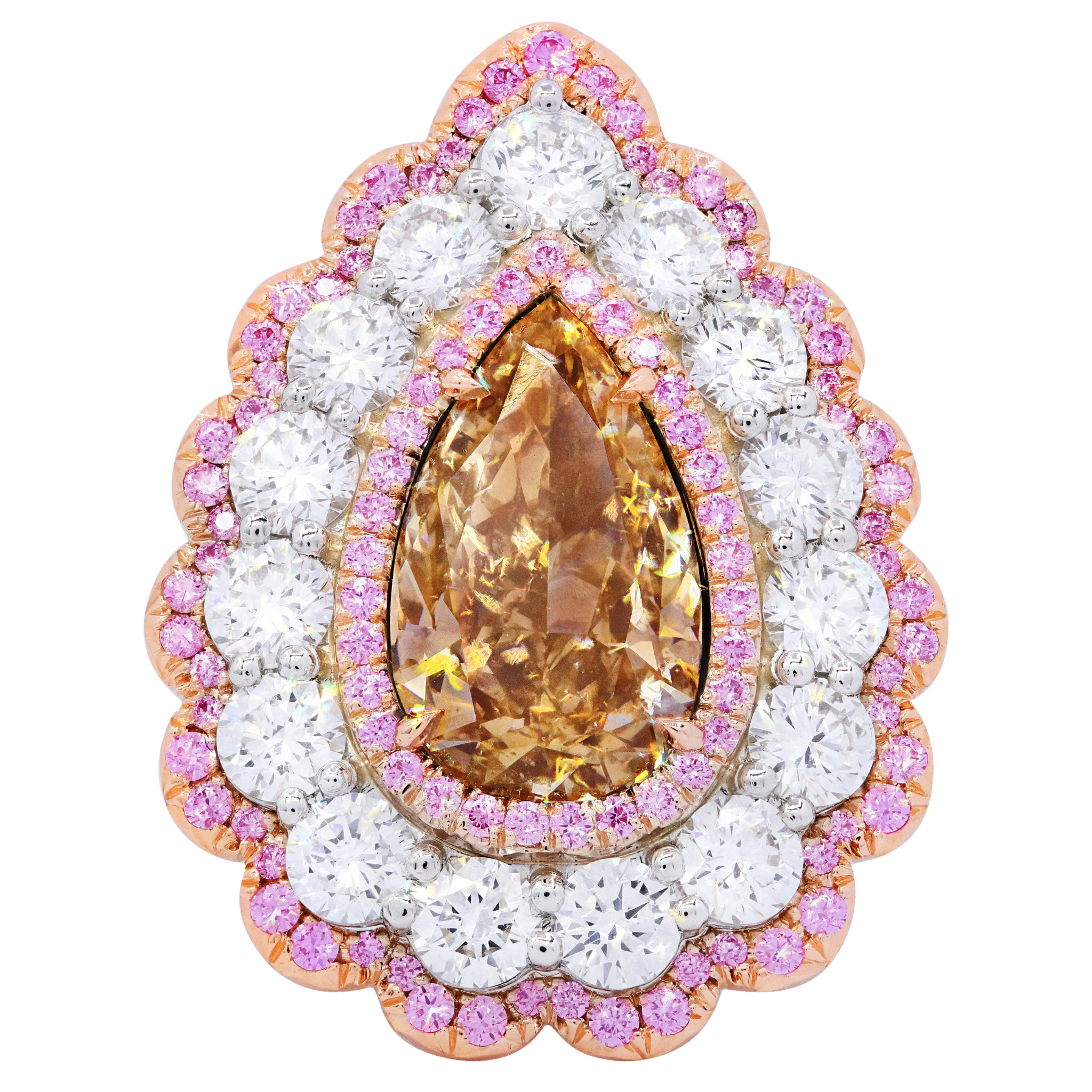 5.11ct Brown Pear With White Halo & Pave Pink Diamonds Ring