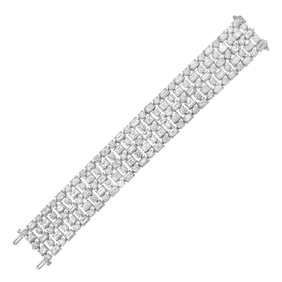 50ct five-row emerald cut and round diamond tennis bracelet, 18K white gold, view 2