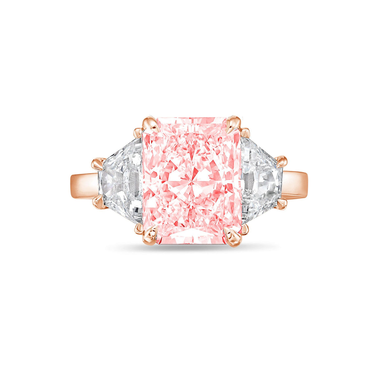 Lab-Grown Pink Radiant Three-Stone Engagement Ring with Trapezoids, 14K Gold