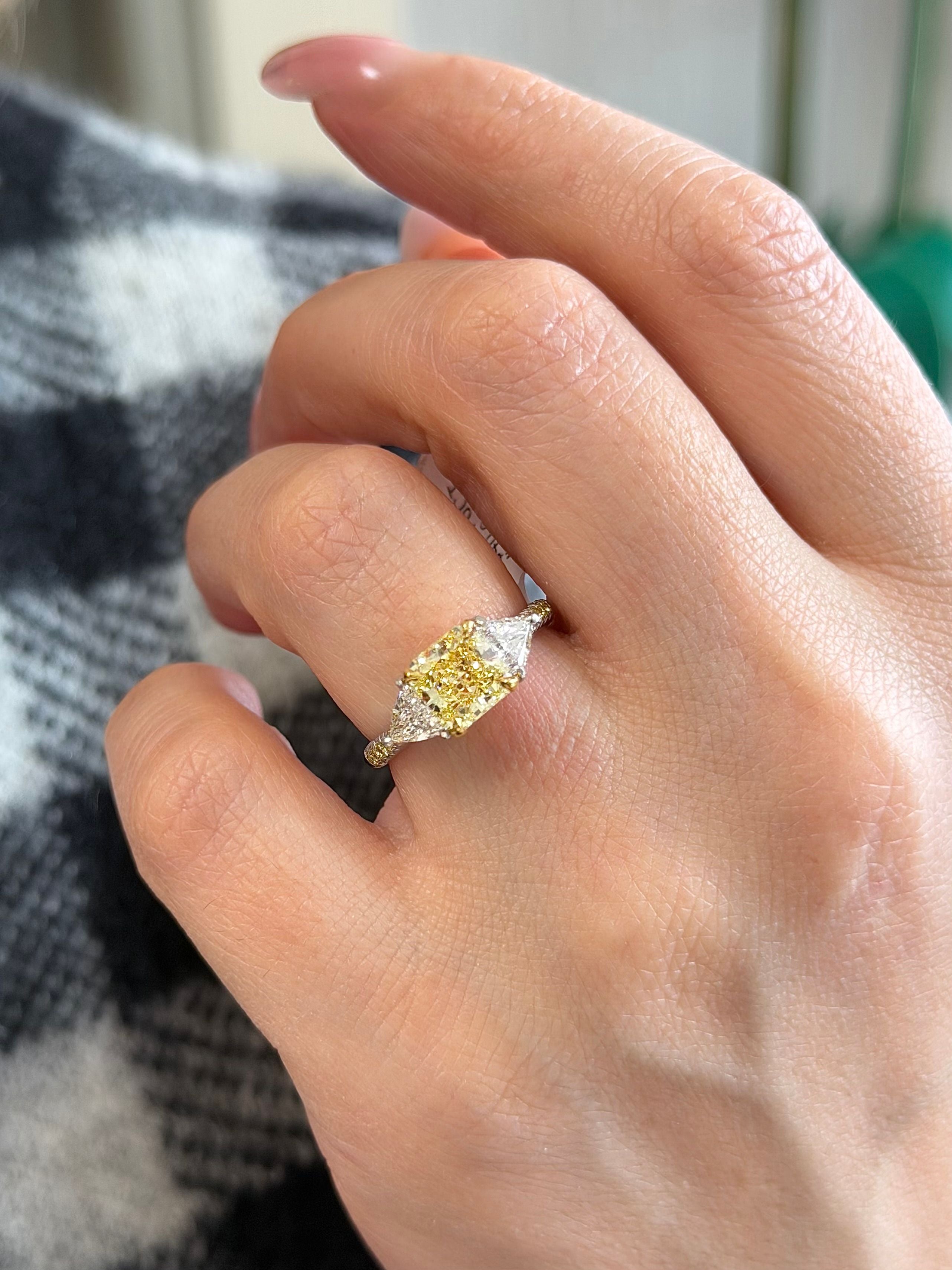 Radiant Fancy Yellow Diamond Three Stone Engagement Ring