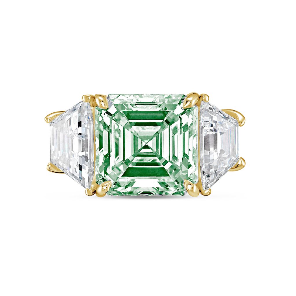 Lab-Grown Green Asscher Diamond Ring with Trapezoids, 14K Gold