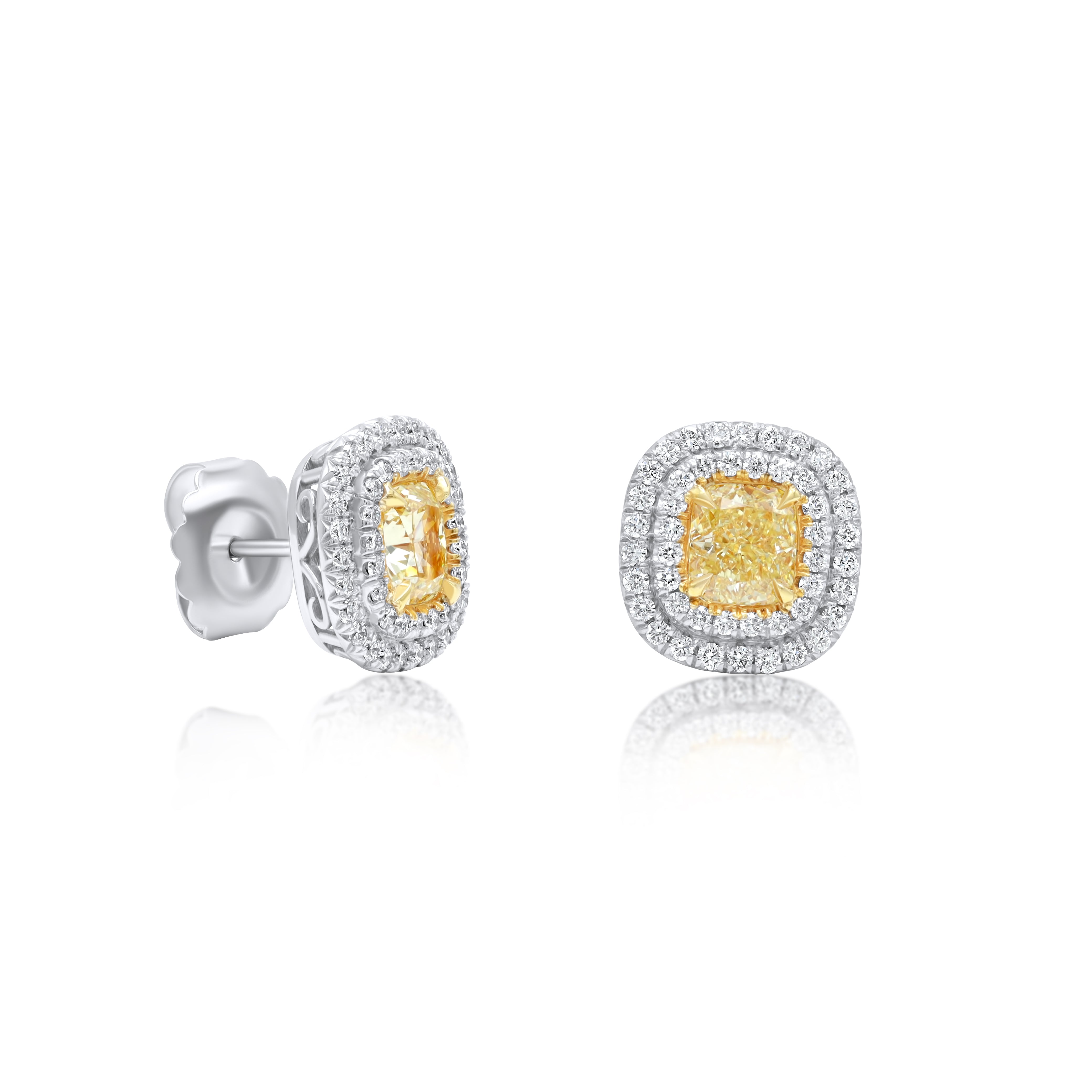 2cts Cushion Yellow Diamond Double Halo Stud