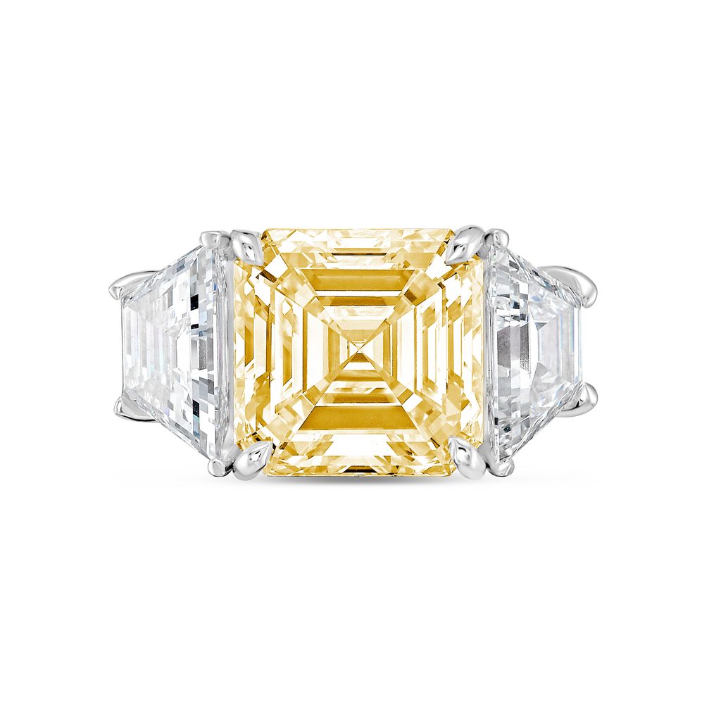 Lab-Grown Yellow Asscher Diamond Ring with Trapezoids, 14K Gold
