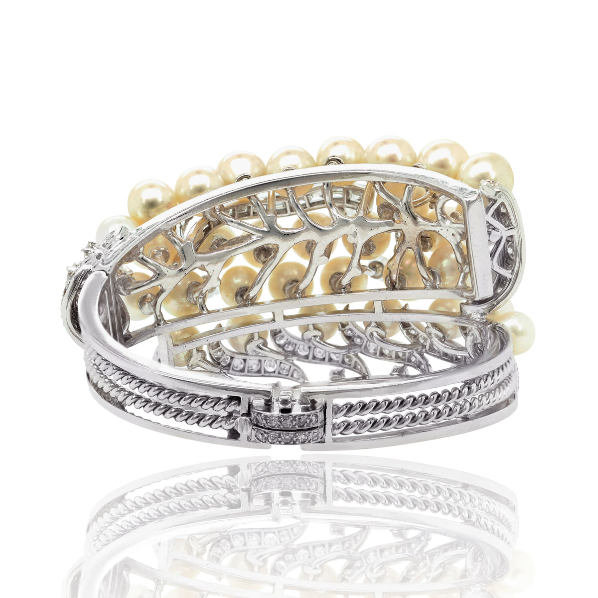 5cts Antique Diamond and 5.00-7.50mm Fresh Water Pearl Bangle, 18K White Gold