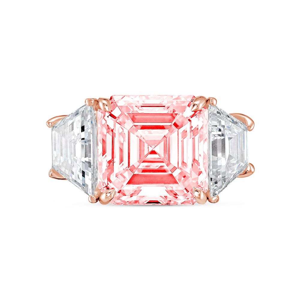 Lab-Grown Pink Asscher Diamond Ring with Trapezoids, 14K Gold