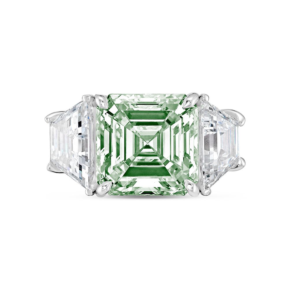 Lab-Grown Green Asscher Diamond Ring with Trapezoids, 14K Gold