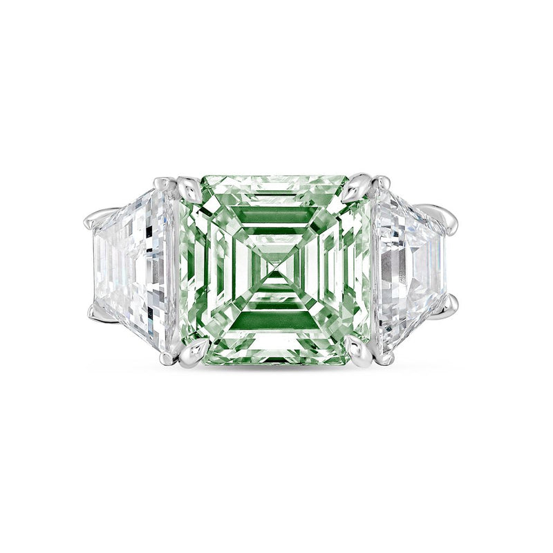 Lab-Grown Green Asscher Diamond Ring with Trapezoids, 14K Gold