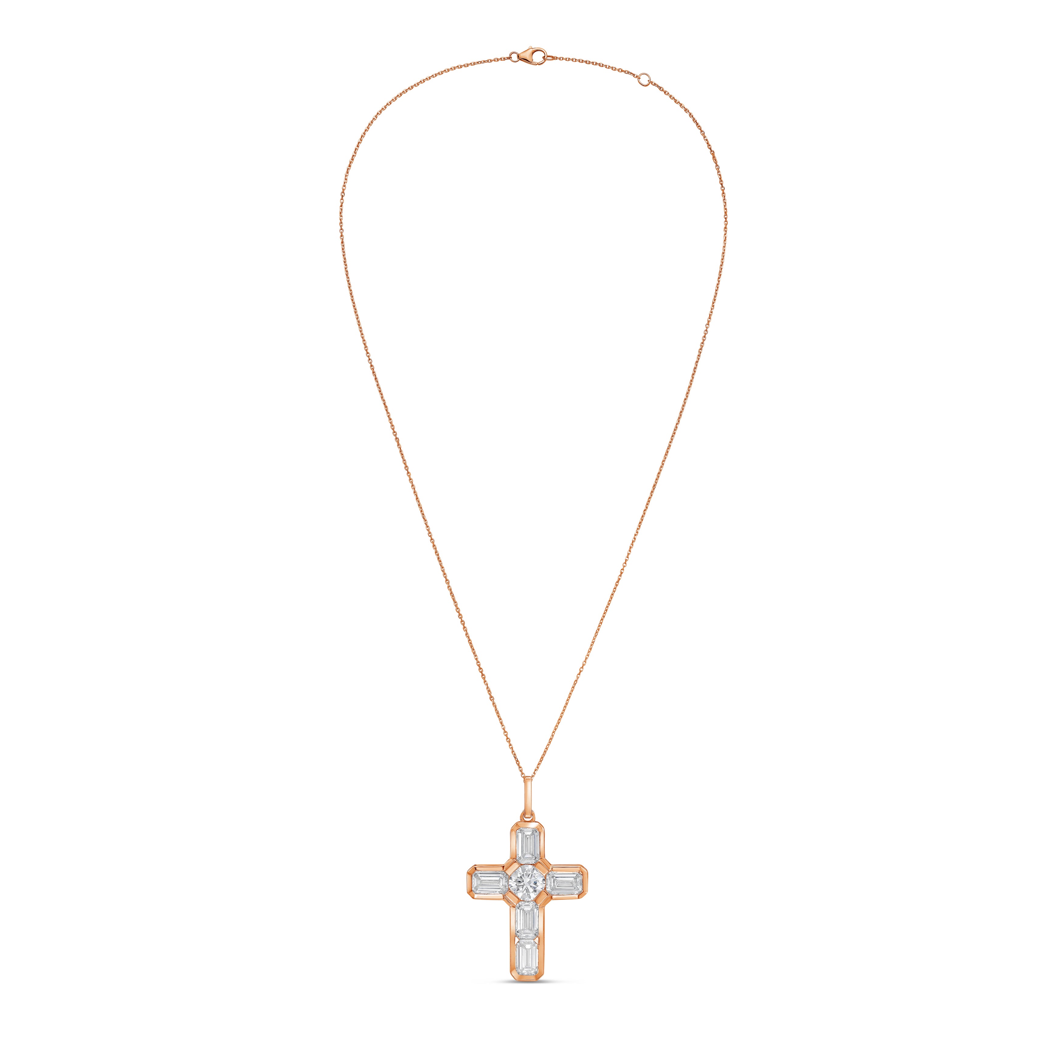Lab Grown Round & Emerald Diamond Bezel Cross Pendant